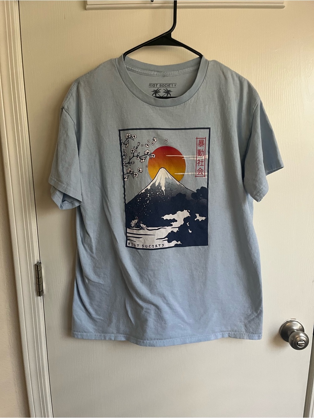 riot society Light Blue Short-Sleeve Tee with Mount Fuji Sunset Graphic